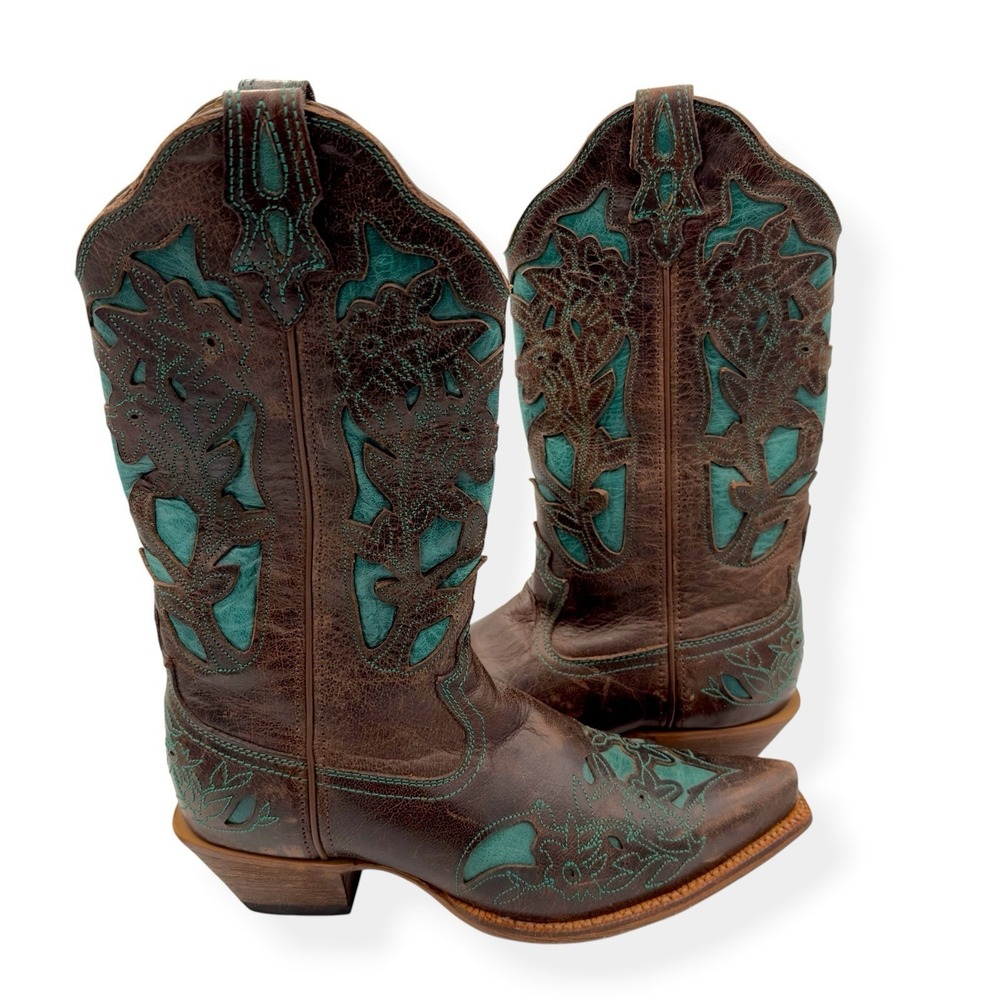 Twisted X Cowboy Boots Women 10B Brown Turquoise Leather Inlay Western Snip Toe